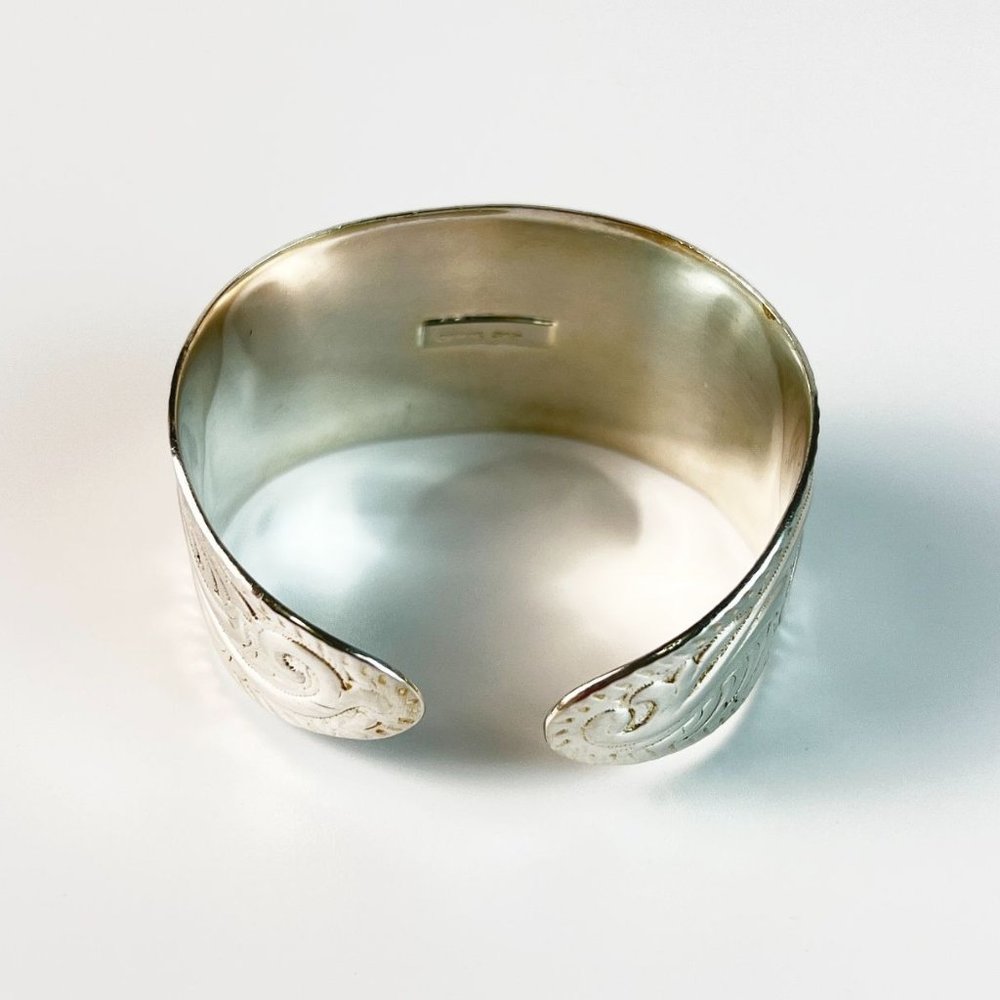 Embossed Floral Scroll Solid Sterling Silver Graduated Wide Cuff Bracelet - Picture 10 of 10